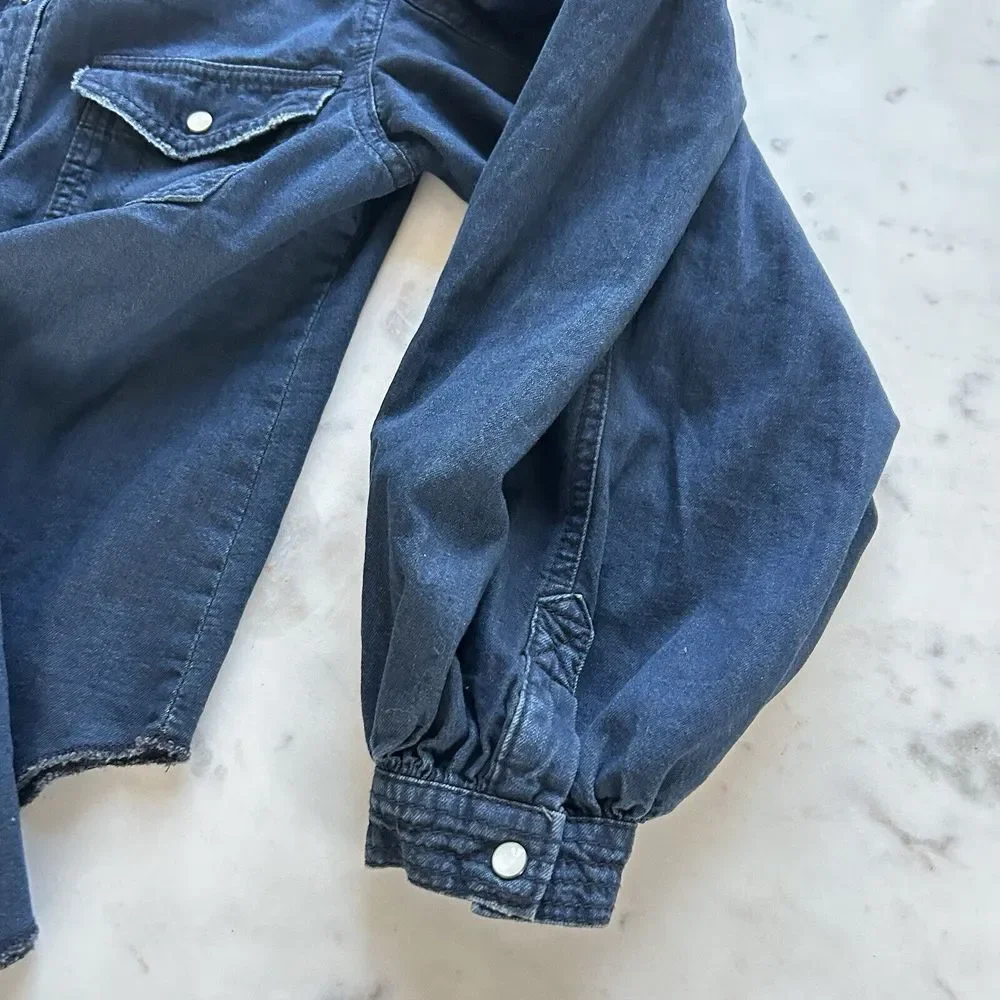 Free People With Love Snap Denim Western Shirt‎ Size XS Dark Cowgirl Puff sleeve